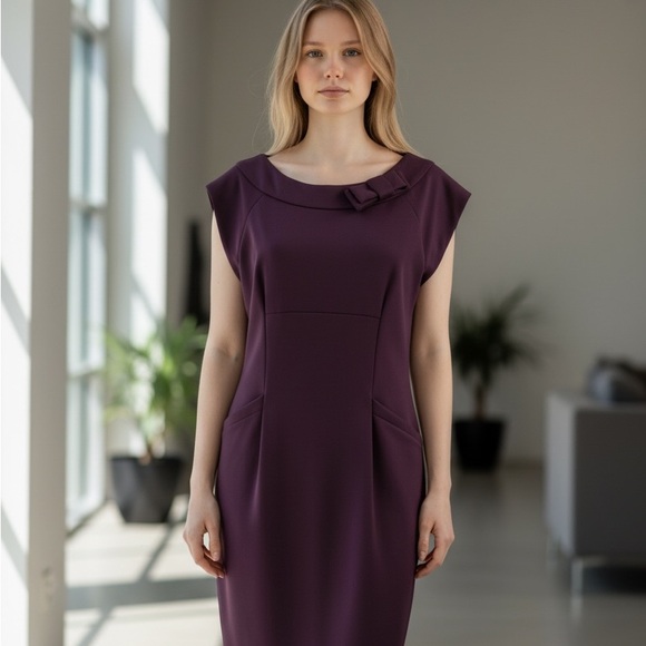 Evan Picone Plum Sheath Dress Bow Detail Career Office Dress Size 14 - Picture 4 of 6